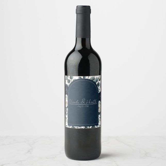 Dark Blue & White Modern Floral Greenery Wedding Wine Label (Front)