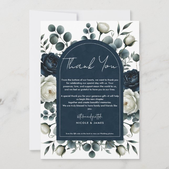 Dark Blue & White Modern Floral Greenery Weddingu Invitation (Front)