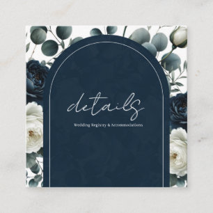 Dark Blue & White Modern Floral Wedding Details Square Business Card