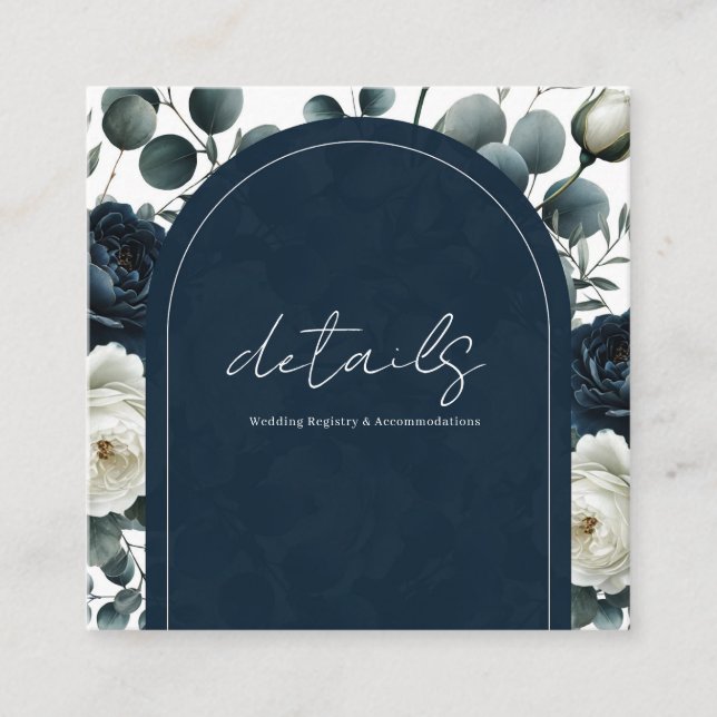 Dark Blue & White Modern Floral Wedding Details Square Business Card (Front)
