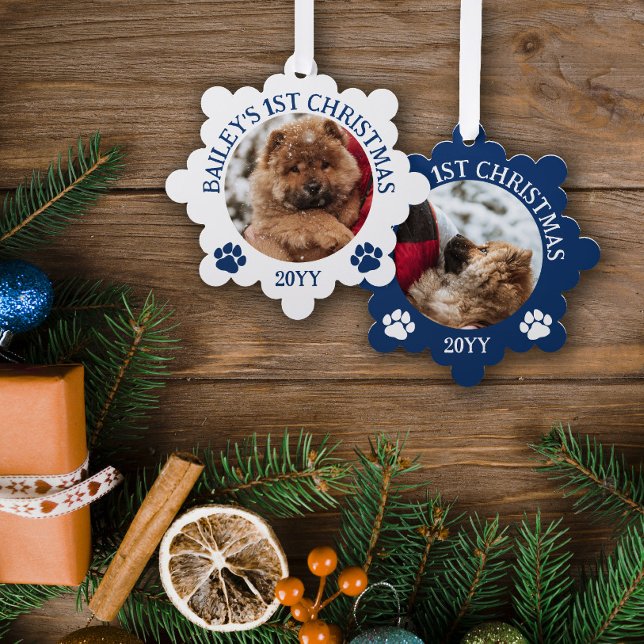 Dark Blue White Paw Prints Puppy's 1st Christmas Tree Decoration Card (Creator Uploaded)