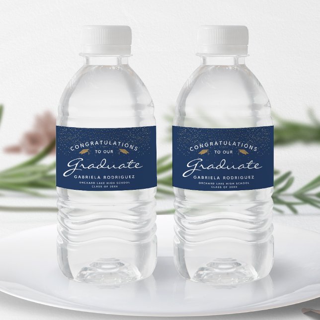 Dark Blue White Script Gold Cap Graduation Water Bottle Label (Creator Uploaded)
