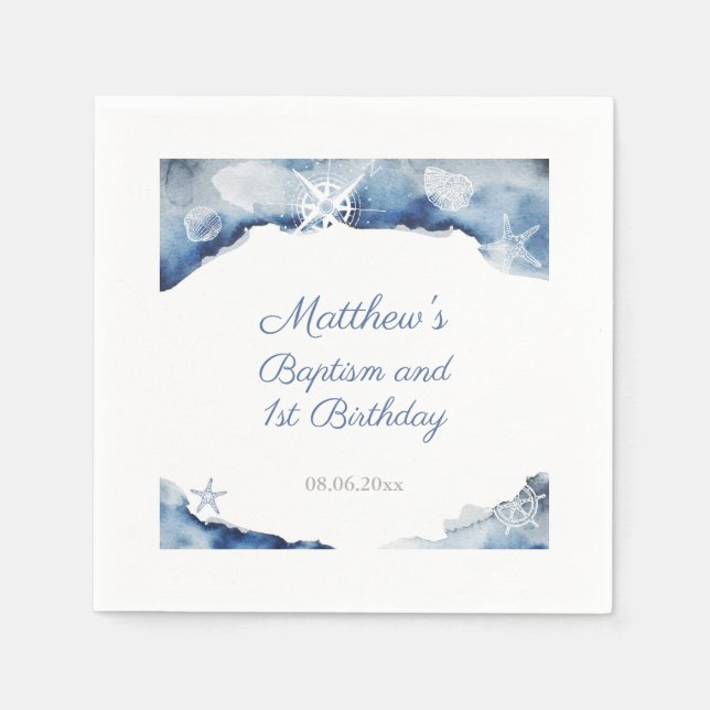 Dark Blue & White Seashells Baptism Birthday Party Napkin (Front)