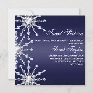 Dark Blue/White Shimmer Snowflake Birthday Invite