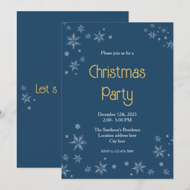 Dark Blue & White Snowflakes 5"x7" Christmas Party Invitation (Front/Back)