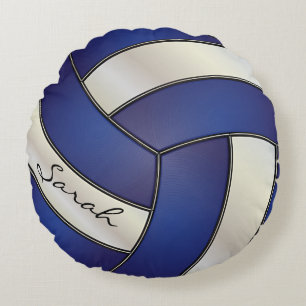 Dark Blue & White Sport Volleyball   DIY Name Round Cushion