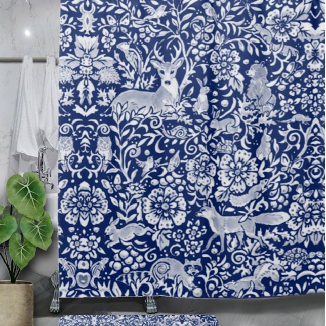 Dark Blue White Woodland Animal Nature Art Shower Curtain (Creator Uploaded)