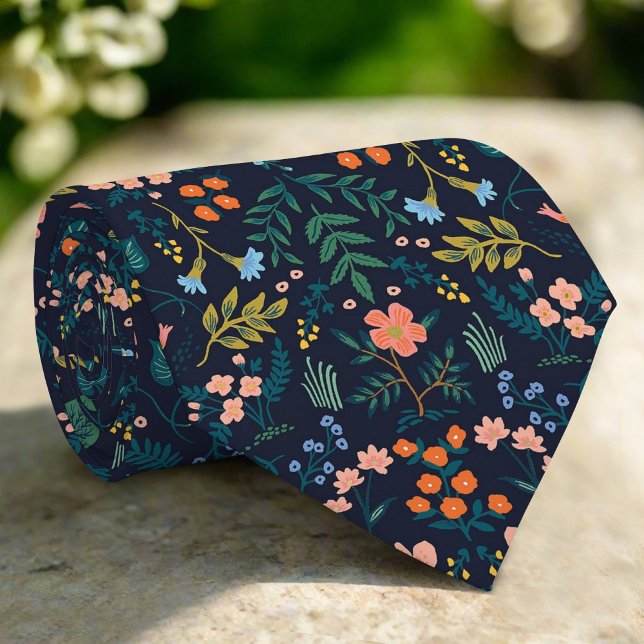 Dark Blue Wild Floral Watercolor Nature Garden Tie (Creator Uploaded)