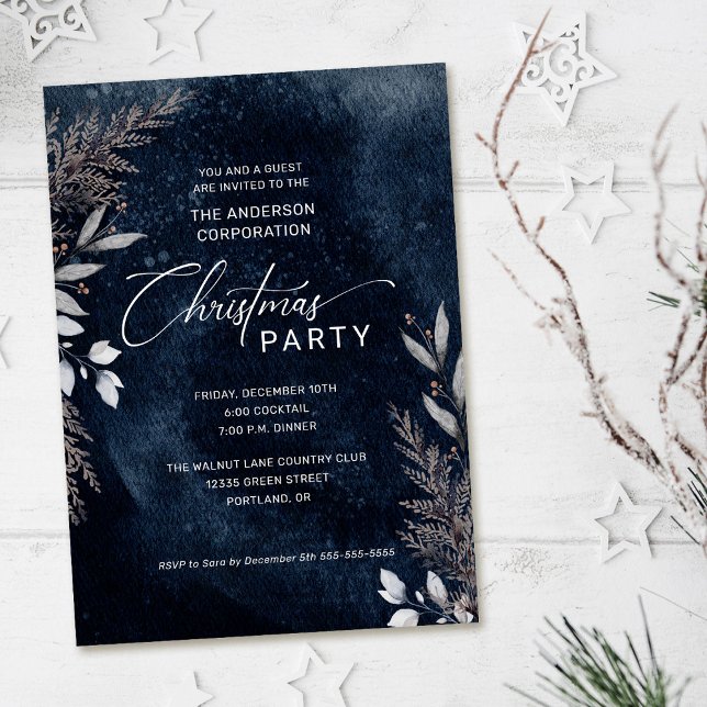 Dark Blue Winter Foliage Corporate Christmas Party Invitation (Creator Uploaded)