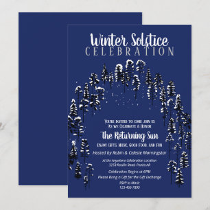 Dark Blue Winter Solstice Yule Snow Forest Party Invitation