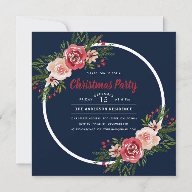 Dark Blue Winter Watercolor Floral Christmas Party Invitation (Front)