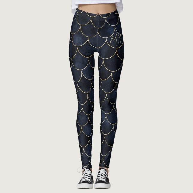 Dark Blue with Gold Scales Personalised Mermaid  Leggings (Front)