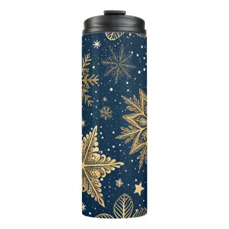 DARK BLUE WITH GOLD WINTER SNOWFLAKES THERMAL TUMBLER