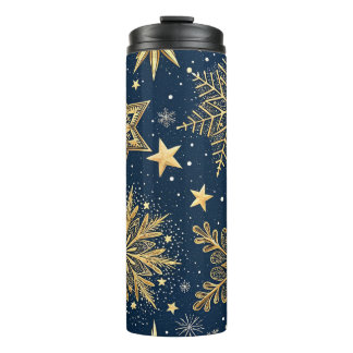 DARK BLUE WITH GOLD WINTER SNOWFLAKES THERMAL TUMBLER