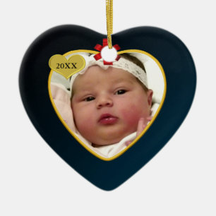 Dark Blue with Red Bow Baby's 1st Christmas Photo Ceramic Tree Decoration