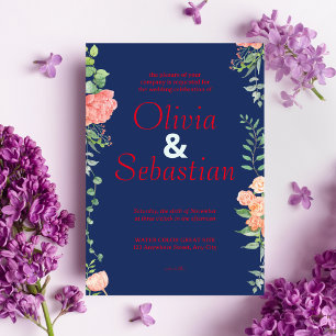 Dark blue with red typography elegant wedding invitation