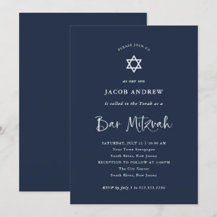 Dark Blue with White Calligraphy   Bar Mitzvah Invitation