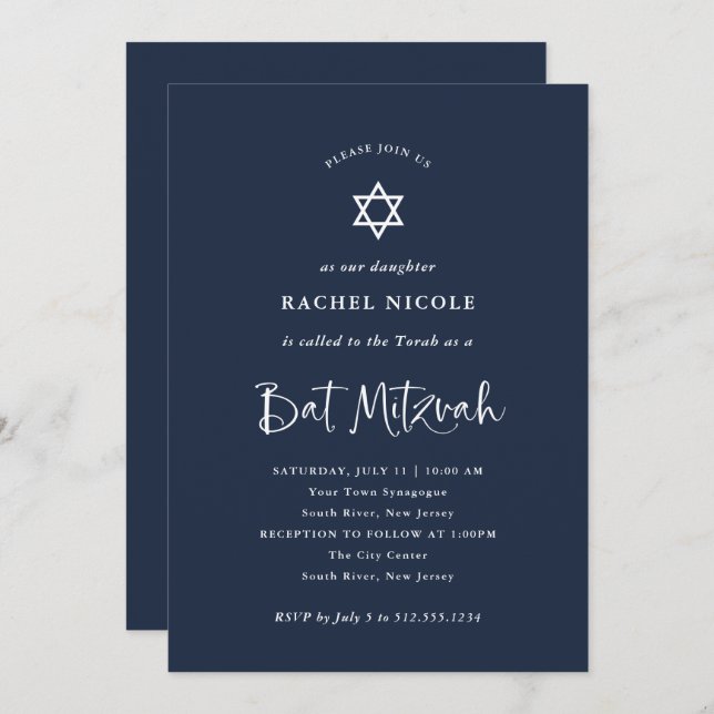 Dark Blue with White Calligraphy | Bat Mitzvah Invitation (Front/Back)