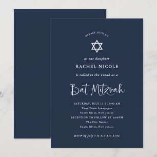 Dark Blue with White Calligraphy   Bat Mitzvah Invitation