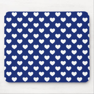 Dark Blue With White Hearts Polka Dot Pattern Mouse Mat