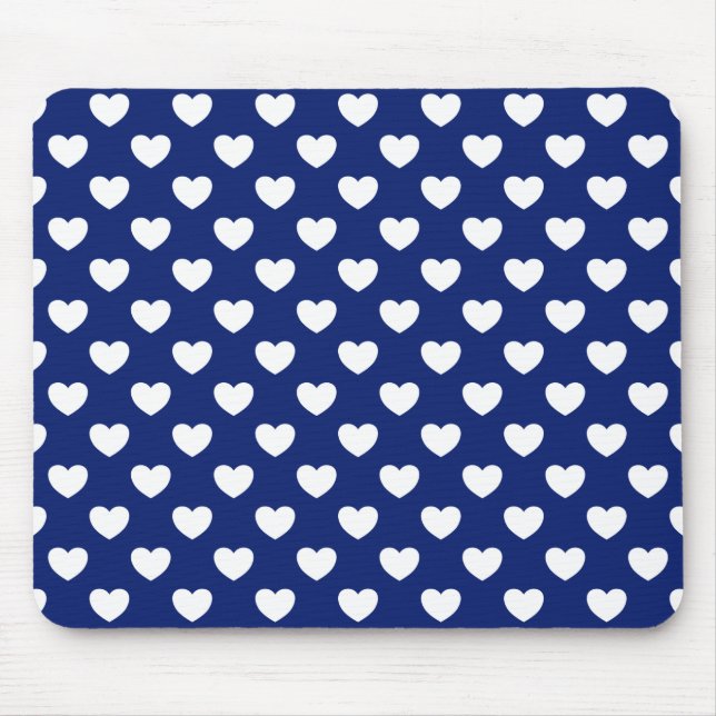 Dark Blue With White Hearts Polka Dot Pattern Mouse Mat (Front)