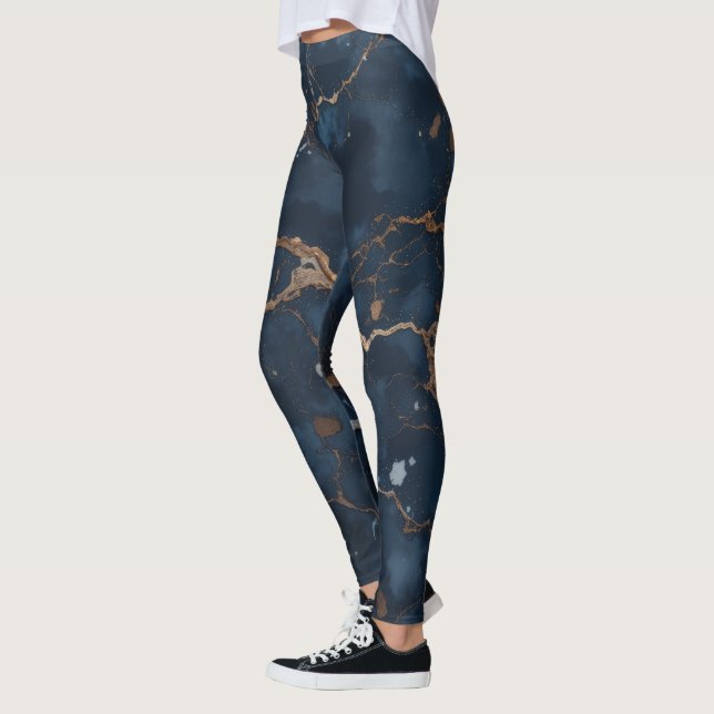 Dark blue Women Leggings with Gold Veins (Left)