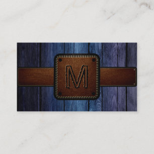 Dark Blue Wood Brown Leather Look Monogram Business Card