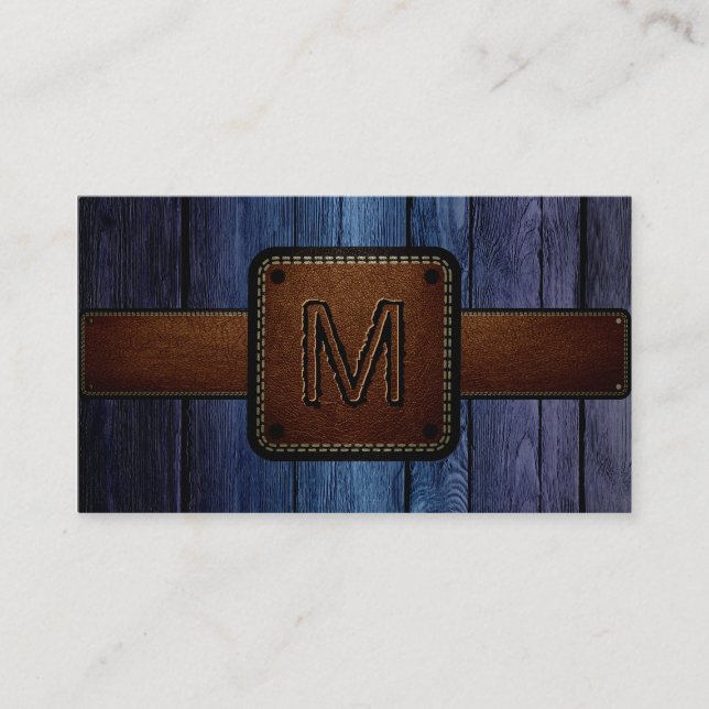 Dark Blue Wood Brown Leather Look Monogram Business Card (Front)