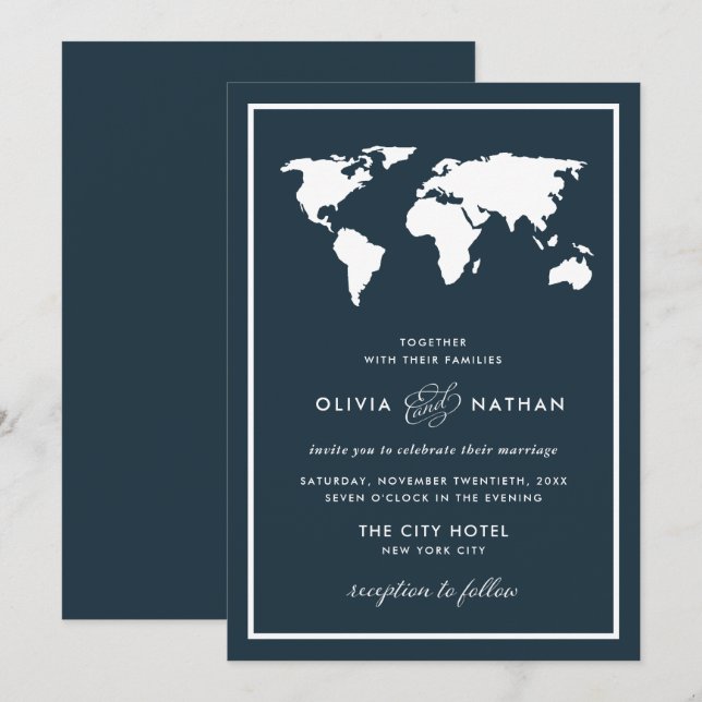 Dark Blue World Map | Elegant Travel Theme Wedding Invitation (Front/Back)