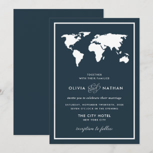 Dark Blue World Map   Elegant Travel Theme Wedding Invitation