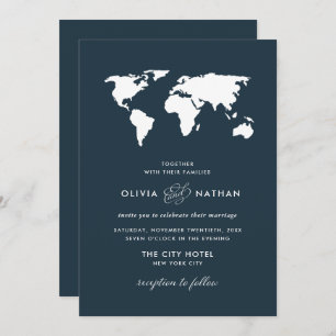 Dark Blue World Map   Elegant Travel Theme Wedding Invitation