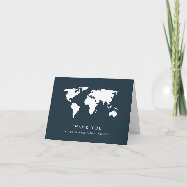 Dark Blue World Map | Elegant Travel Theme Wedding Thank You Card (Front)