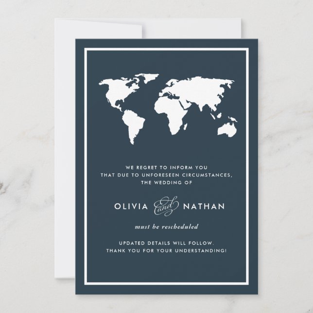Dark Blue World Map | Wedding Cancellation Invitation (Front)