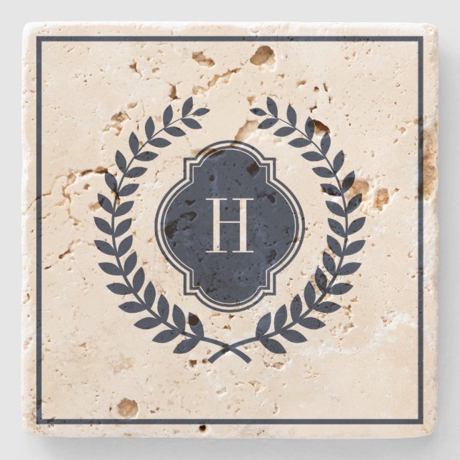 Dark Blue Wreath Crest, Frame & Monogram Stone Coaster (Front)