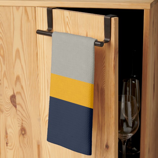 Dark Blue, Yellow, Grey striped Textured  Tea Towel (Thirds Fold)