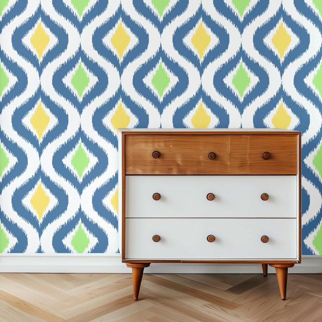 Dark Blue Yellow Light Green White Ikat Pattern Wallpaper (Creator Uploaded)