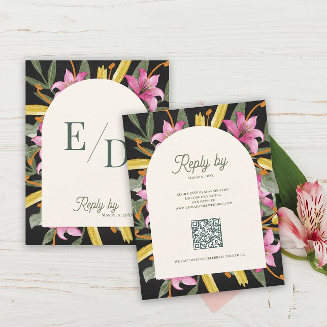Dark Blush Pink Lily Arched RSVP Card with QR Code (Dark Blush Pink Lily Arched RSVP Card with QR Code | Botanical Monogram Floral Arch Wedding Response)