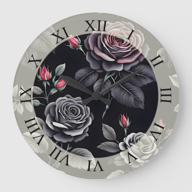 Dark Blush Roses Floral Art design Large Clock (Front)