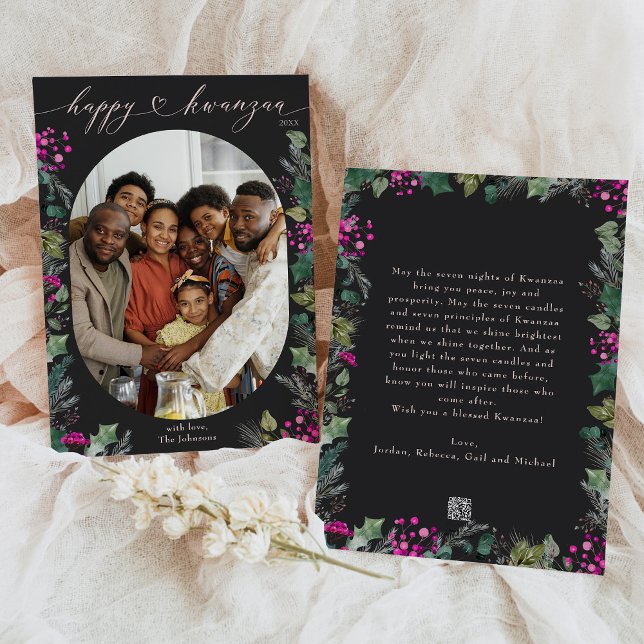 Dark Bohemian Cute Botanicals 1 Photo Kwanzaa Holiday Card (Creator Uploaded)