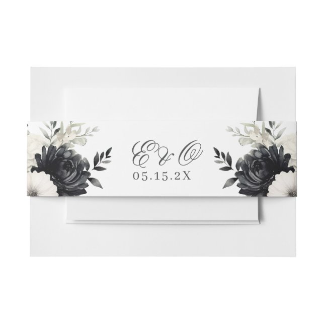 Dark Boho Black & White Gothic Wedding Invitation Belly Band (Front Example)