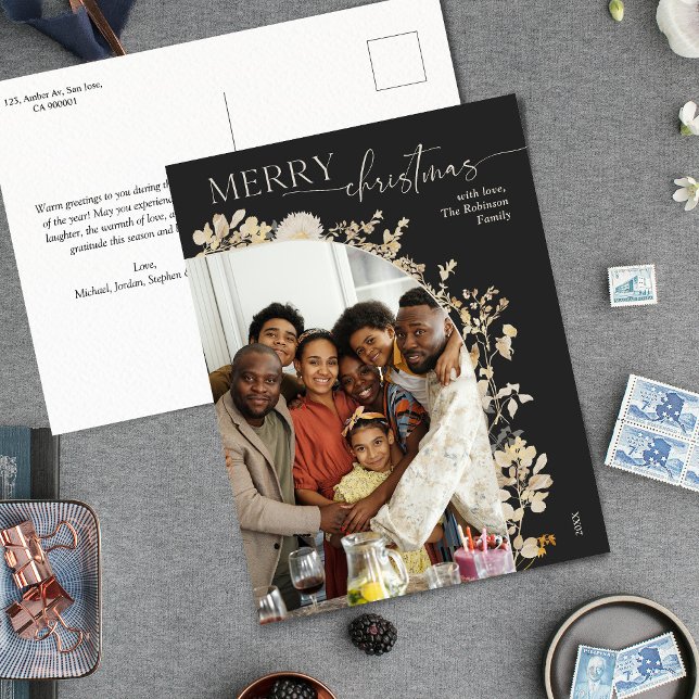 Dark Boho Floral 1 Photo Merry Christmas  Postcard (Creator Uploaded)
