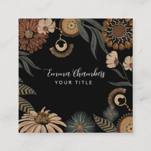 Dark Boho Floral Square Business Card