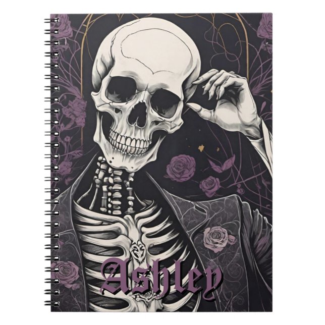 Dark Boho Gothic Skeleton & Roses Halloween Notebook (Front)