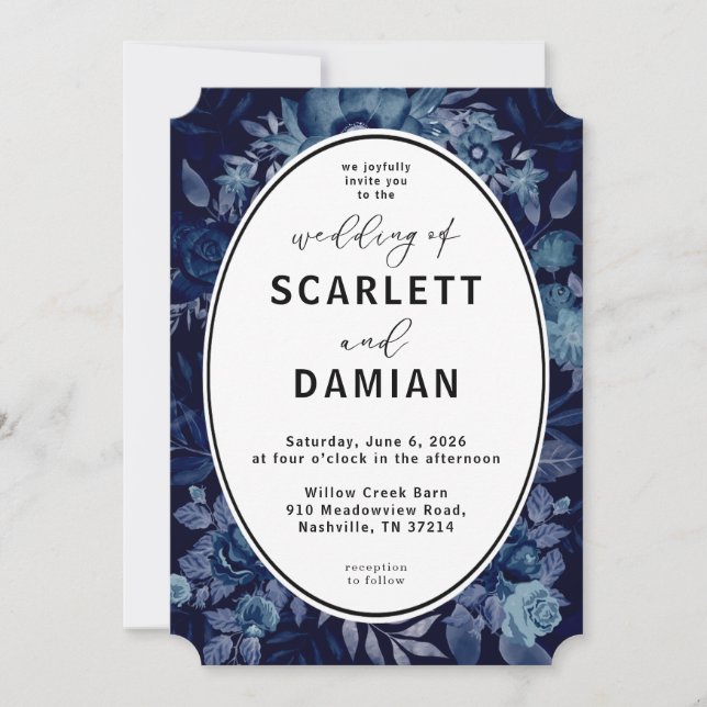 Dark Boho Moody Blue Floral Wedding Invitation (Front)