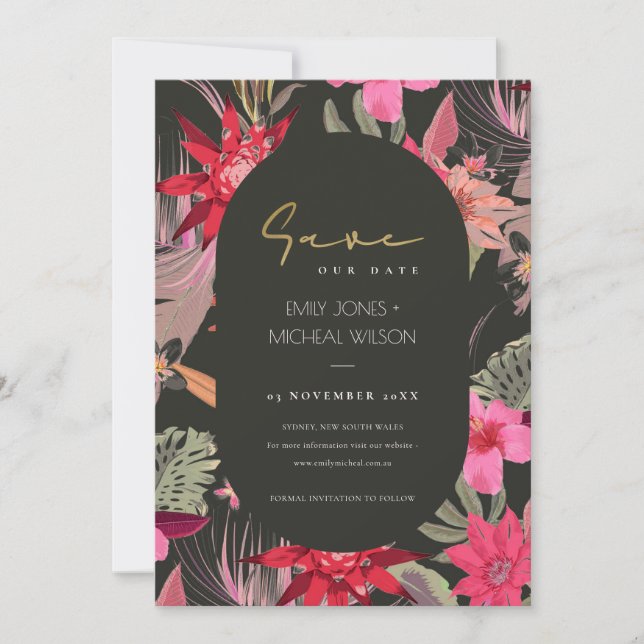 Dark Boho Red Blush Floral Save The Date Invite (Front)