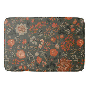 Dark Boho Terracotta Sage Botanical Pattern Bath Mat