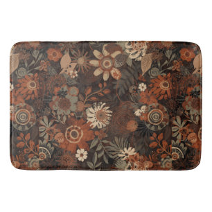 Dark Boho Terracotta Sage Botanical Pattern Bath Mat