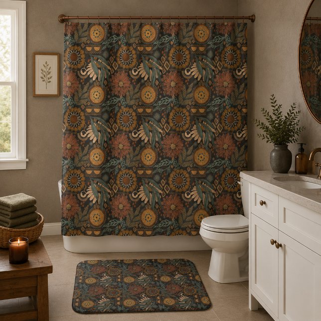Dark Boho Terracotta Sage Botanical Pattern Bath Mat (Creator Uploaded)