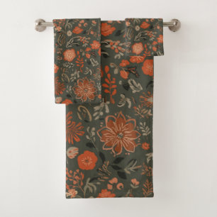 Dark Boho Terracotta Sage Botanical Pattern Bath Towel Set