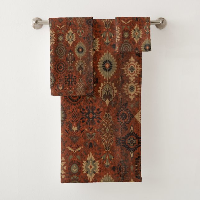 Dark Boho Terracotta Sage Botanical Pattern  Bath Towel Set (Insitu)